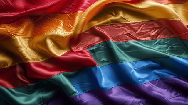 Close-up satin rainbow flag waves, detailed fabric creases show pride colors and unity
