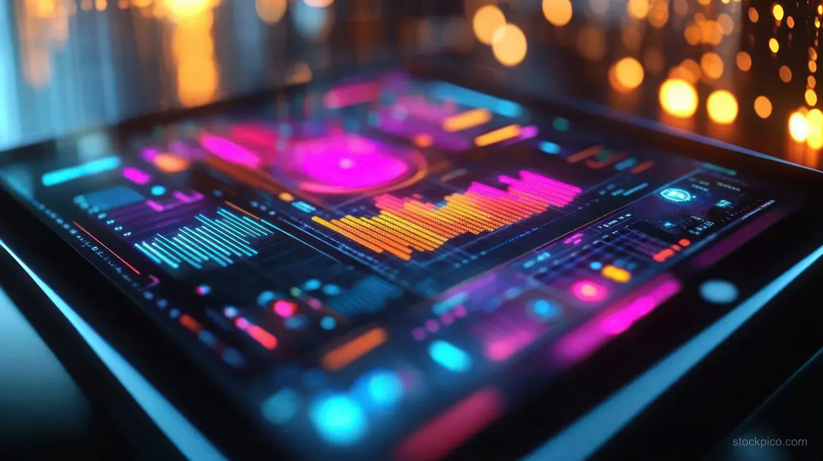 A tablet close-up shows neon data charts with blue and pink glowing highlights over a blurred background.