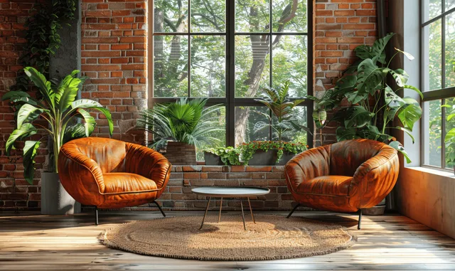 Sunlit industrial loft office with two leather armchairs, small coffee table, brick walls, large window, and potted plants.