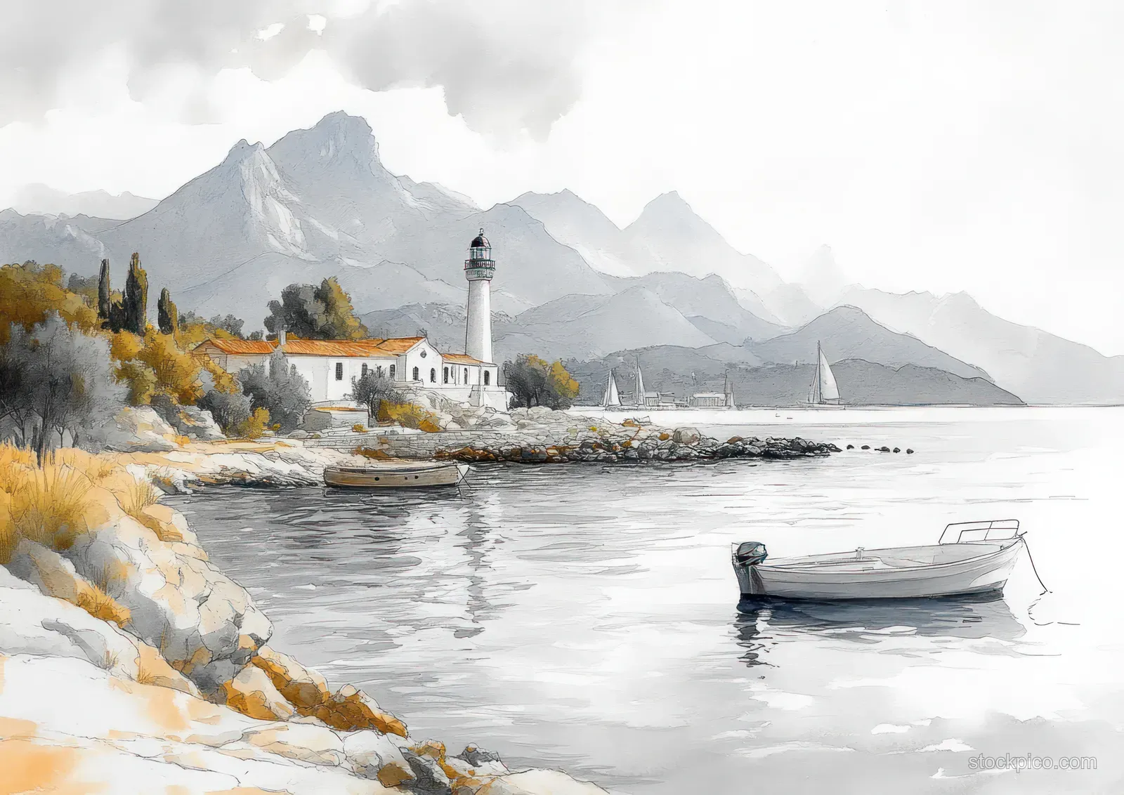 Moored boats rest in a quiet harbor beside a lighthouse on the shoreline with misty mountains in the distance.