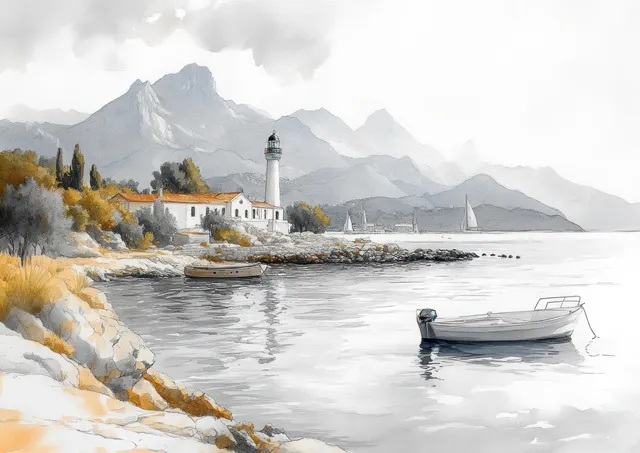 Moored fishing boats beside a calm harbor, lighthouse and distant mountains in monochrome