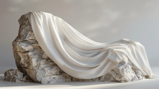 White fabric draped over rough stone pedestal on a gray studio background with soft light