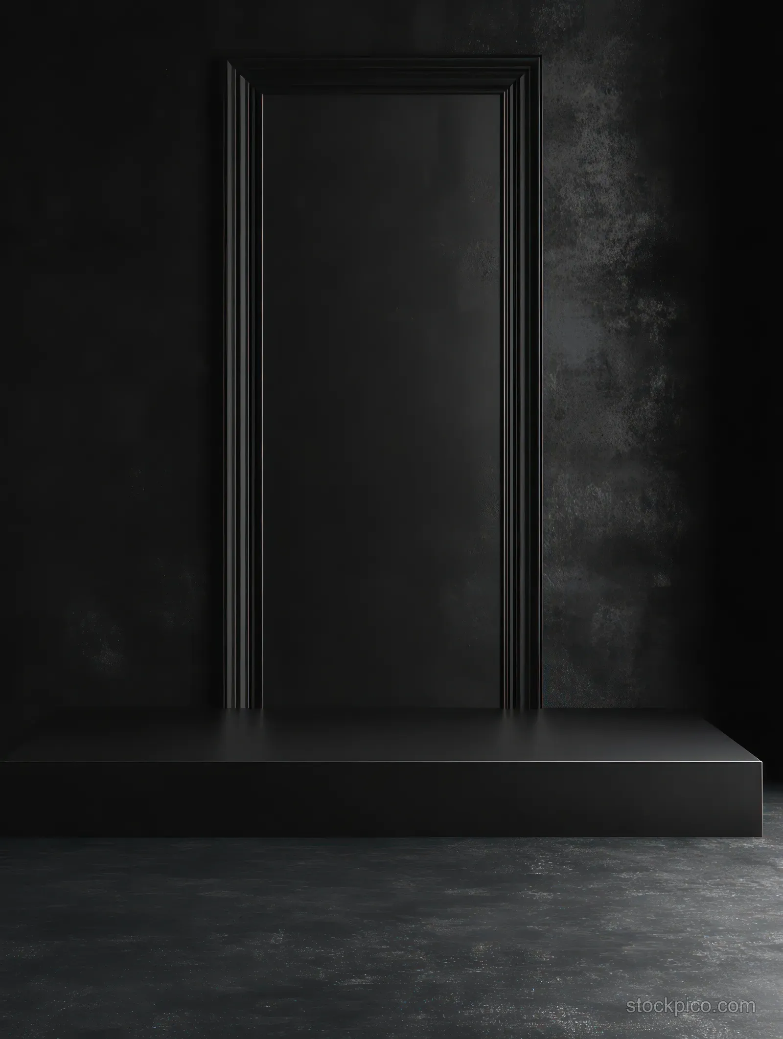 A black shelf platform stands against a dark textured background with soft side lighting.