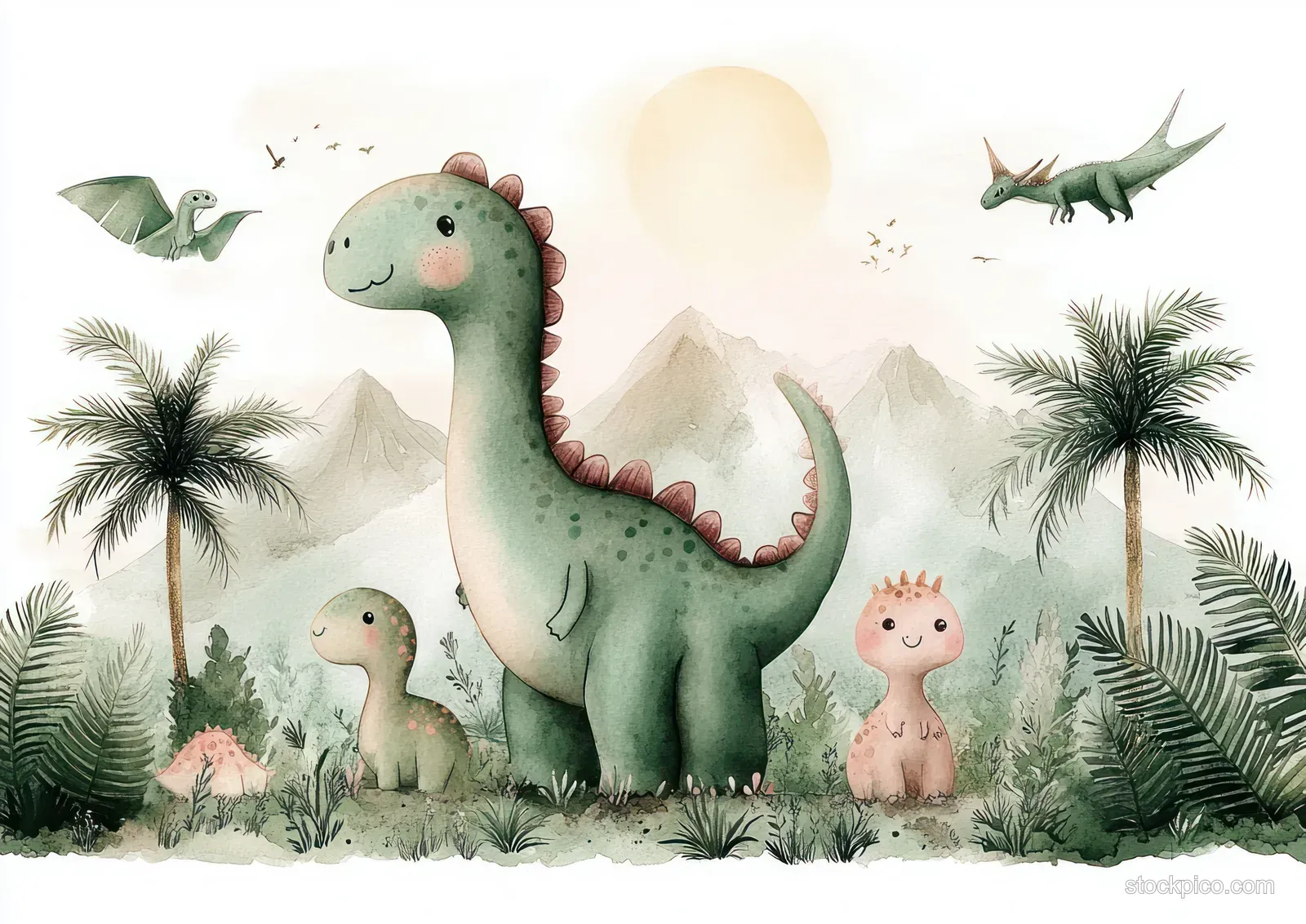 Friendly watercolor dinosaurs including a big brontosaurus play in a prehistoric scene with palms, mountains, and sunrise light.