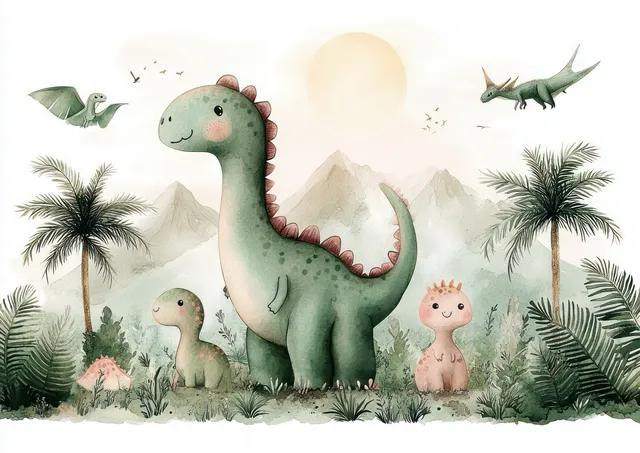 Watercolor dinosaurs play among palms and misty mountains at golden sunrise