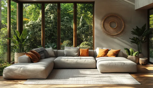Grey sectional sofa in a bright Scandinavian living room with large windows, potted plants, and woven wall decor.