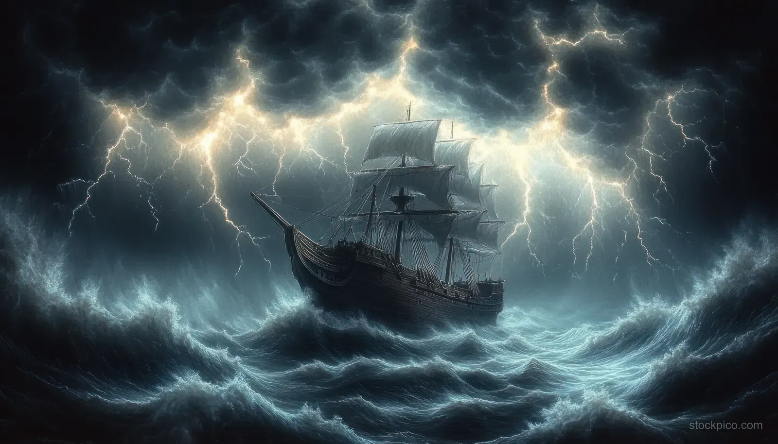 A dark silhouetted Noah’s Ark floats on churning waves beneath lightning-lit storm clouds.