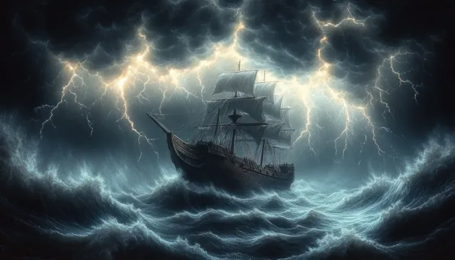 A dark silhouetted Noah’s Ark floats on churning waves beneath lightning-lit storm clouds.