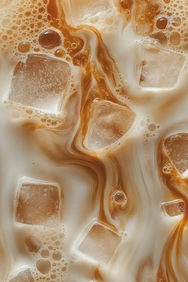 Ice cubes swirl in creamy iced coffee with frothy bubbles and marbled caramel patterns.
