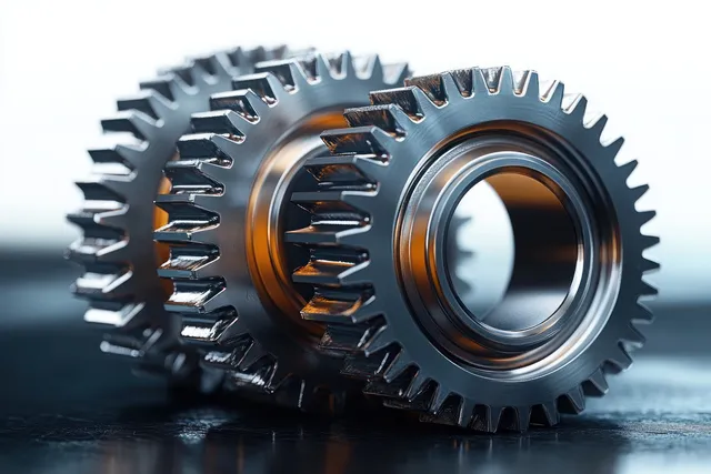 Two interlocking shiny metal gears with detailed teeth sit on a dark textured surface.