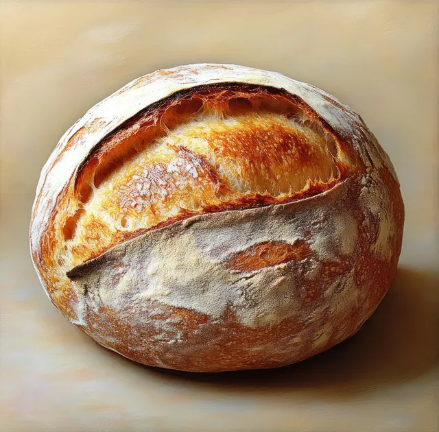Rustic round loaf of artisan bread cooling on a neutral surface with flour dusting