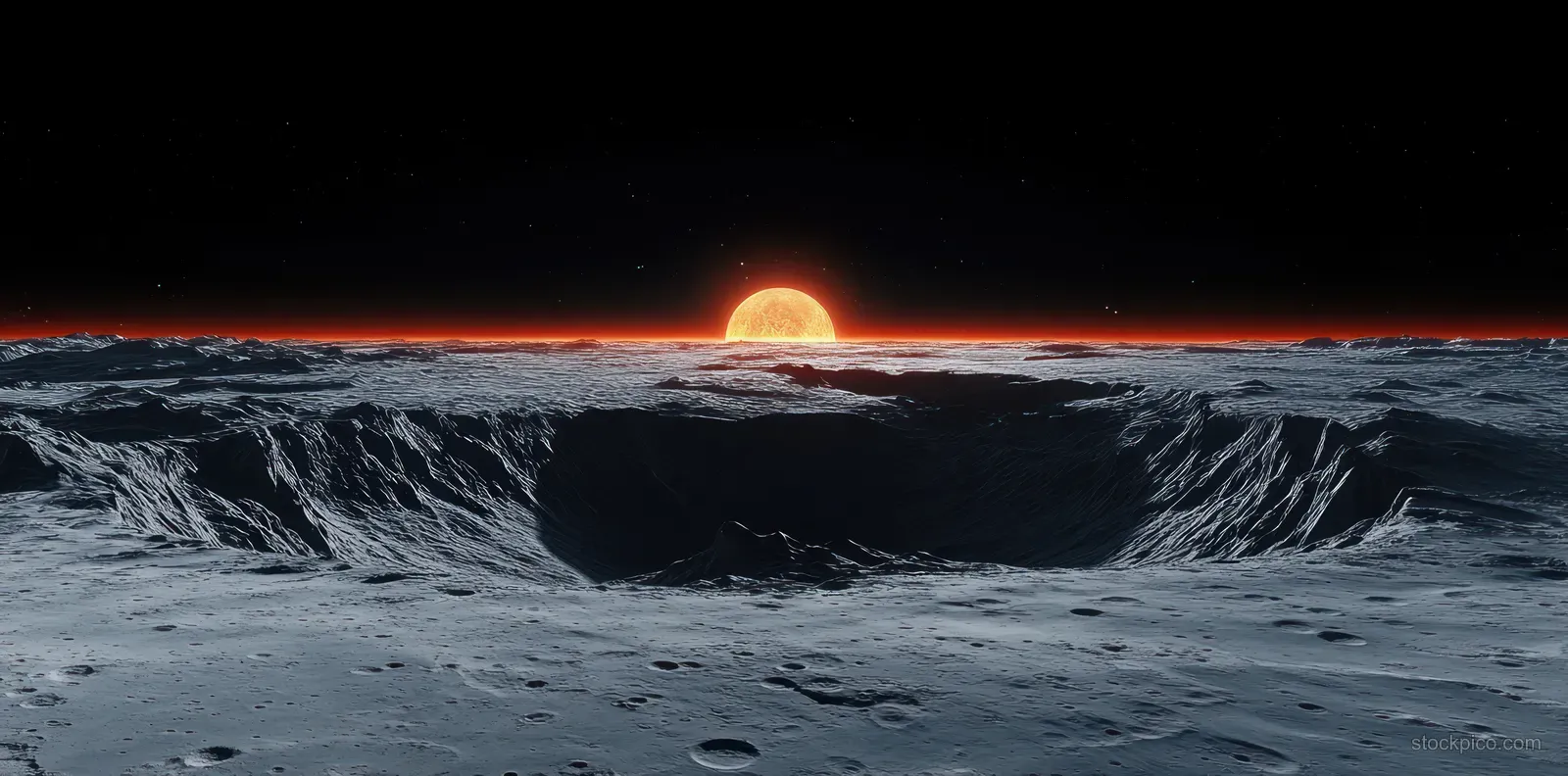 Orange lunar sunrise over rough gray crater terrain with Phobos and Mars visible behind the horizon.