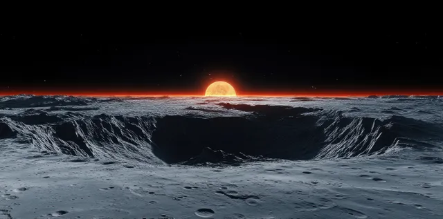 Orange lunar sunrise over rough gray crater terrain with Phobos and Mars visible behind the horizon.