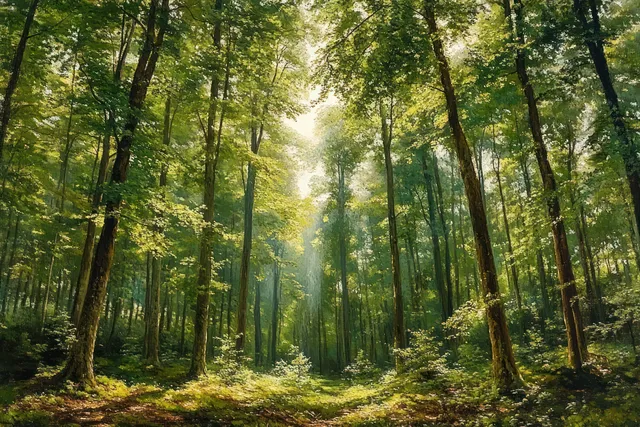Sunlight shafts fall through dense green trees onto a lush forest floor covered with undergrowth.