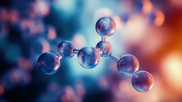 Translucent molecular spheres connected by glowing bonds float in a softly blurred multicolor background.