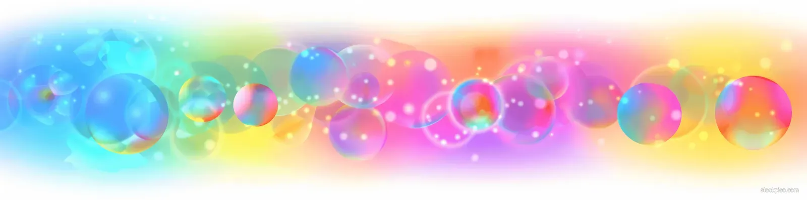 Translucent neon bubbles float over a soft rainbow gradient background with a glowing glow near the top edge.
