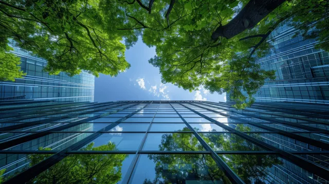 Low-angle view of glass office buildings framed by green tree canopy in a modern city street.