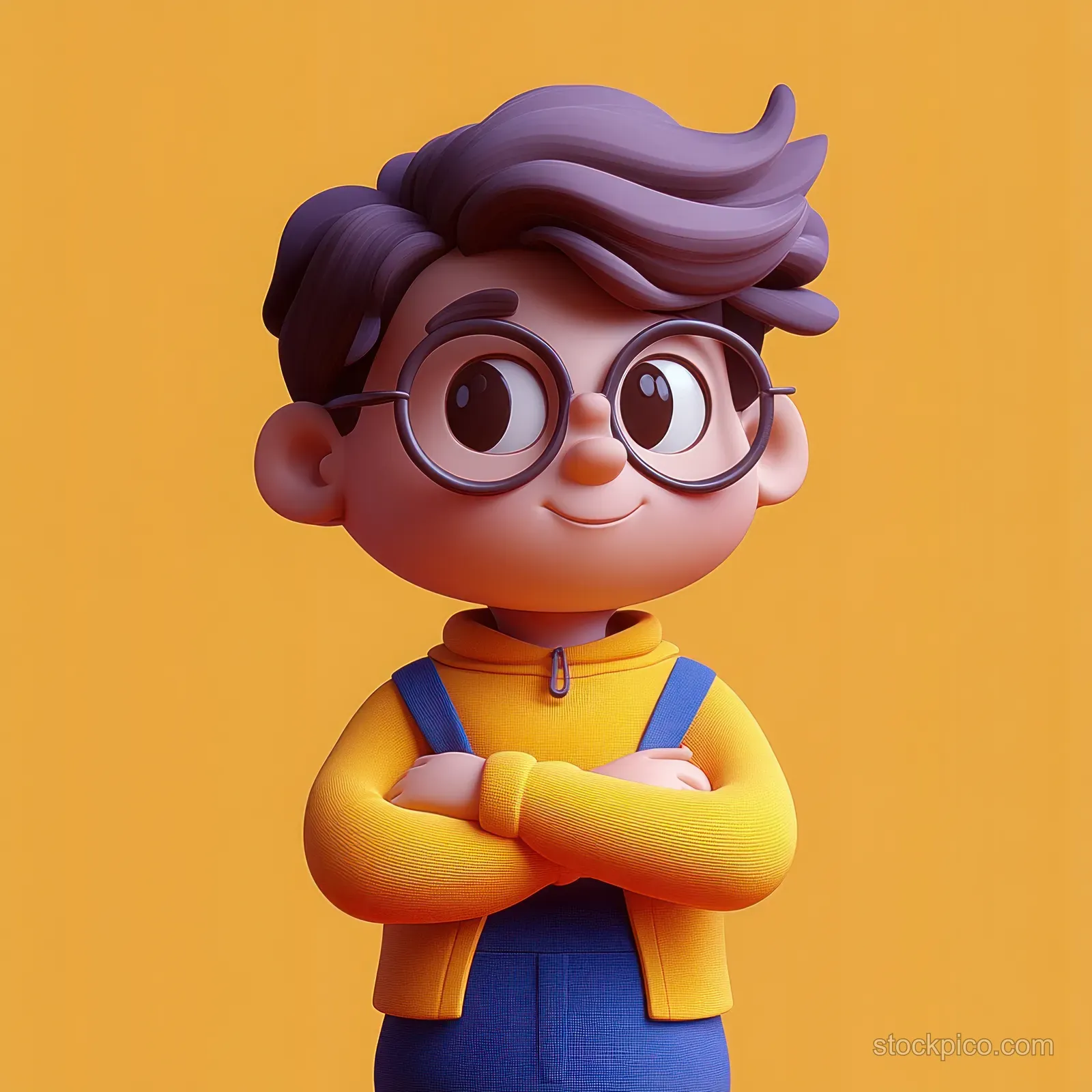 A cute 3D girl character in blue overalls and a yellow shirt looks thoughtful with a raised finger on an orange background.