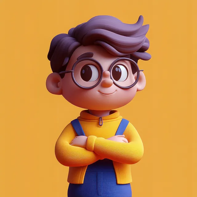 Cute Asian girl character in blue overalls and yellow shirt thinking with raised finger