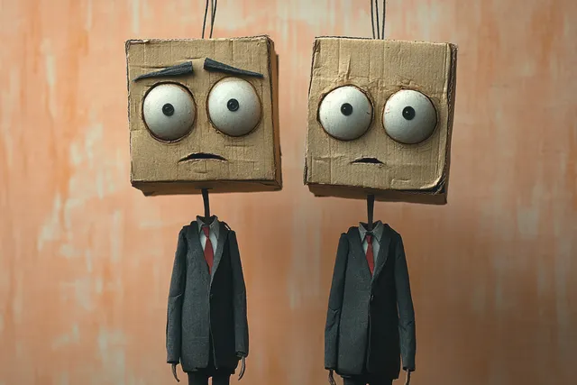 Two cardboard-headed puppet dolls in black suits with red ties hang up, looking anxious in front of a warm blurred background.