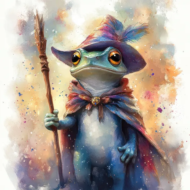 Whimsical frog wizard raises a staff in a watercolor forest magic burst