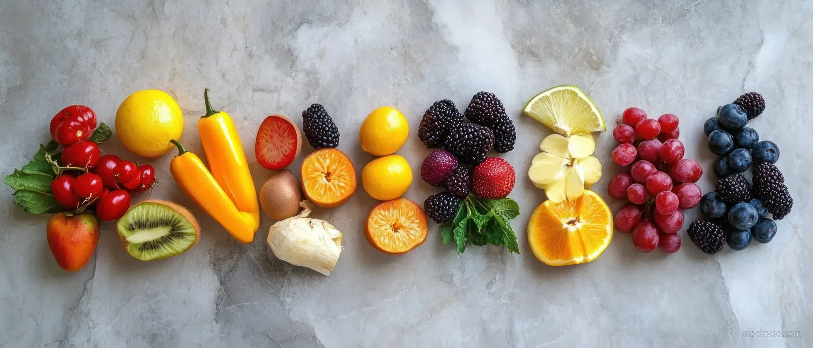 Colorful fruits and vegetables arranged in a row on gray marble with sliced citrus and mixed berries.