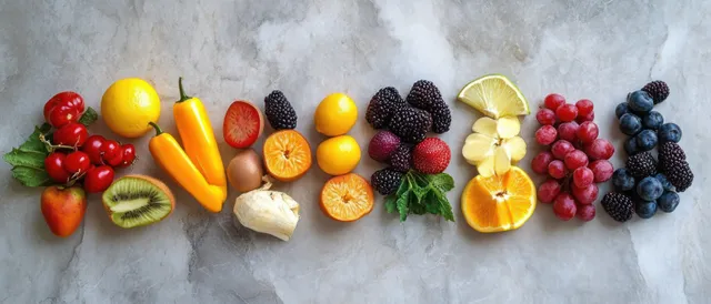 Colorful fruits and vegetables lined up on gray marble with cut citrus and berries