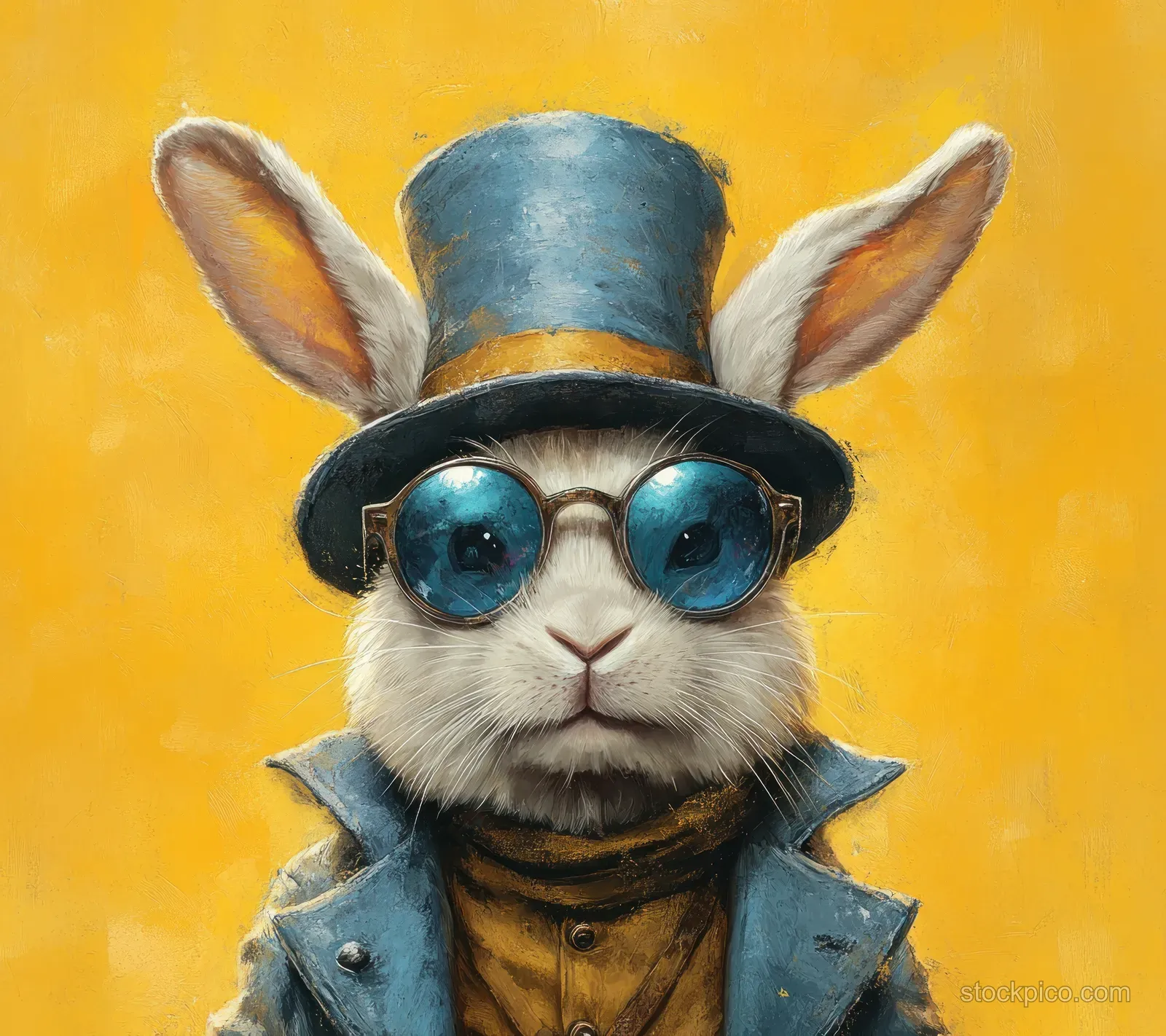 A rabbit wearing blue top hat and reflective sunglasses emerges in front of a yellow background.
