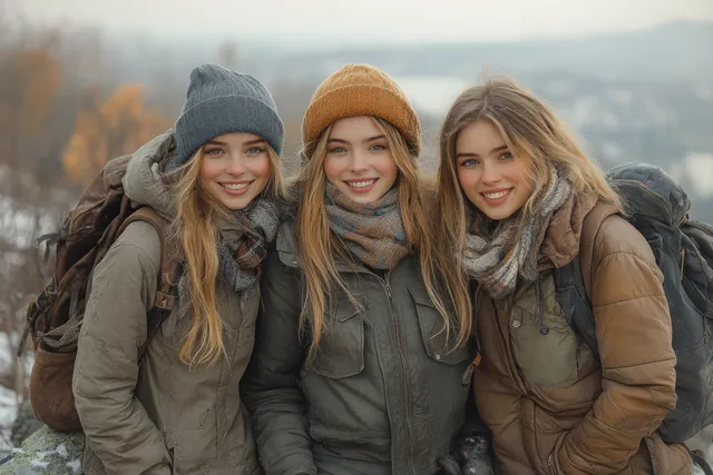 Friends posing happily in winter parkas on a rocky cliff with misty mountain vista