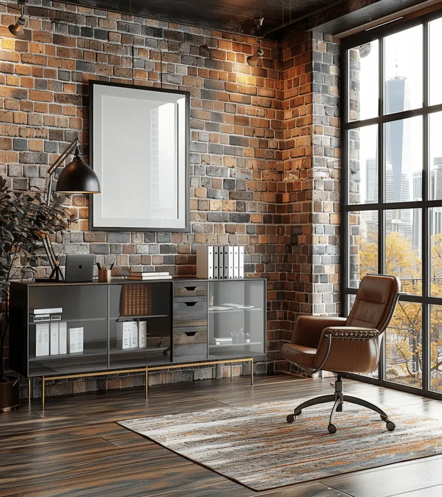 Industrial home office corner with brick wall, black frame poster mockup, glass sideboard, and desk chair by windows.