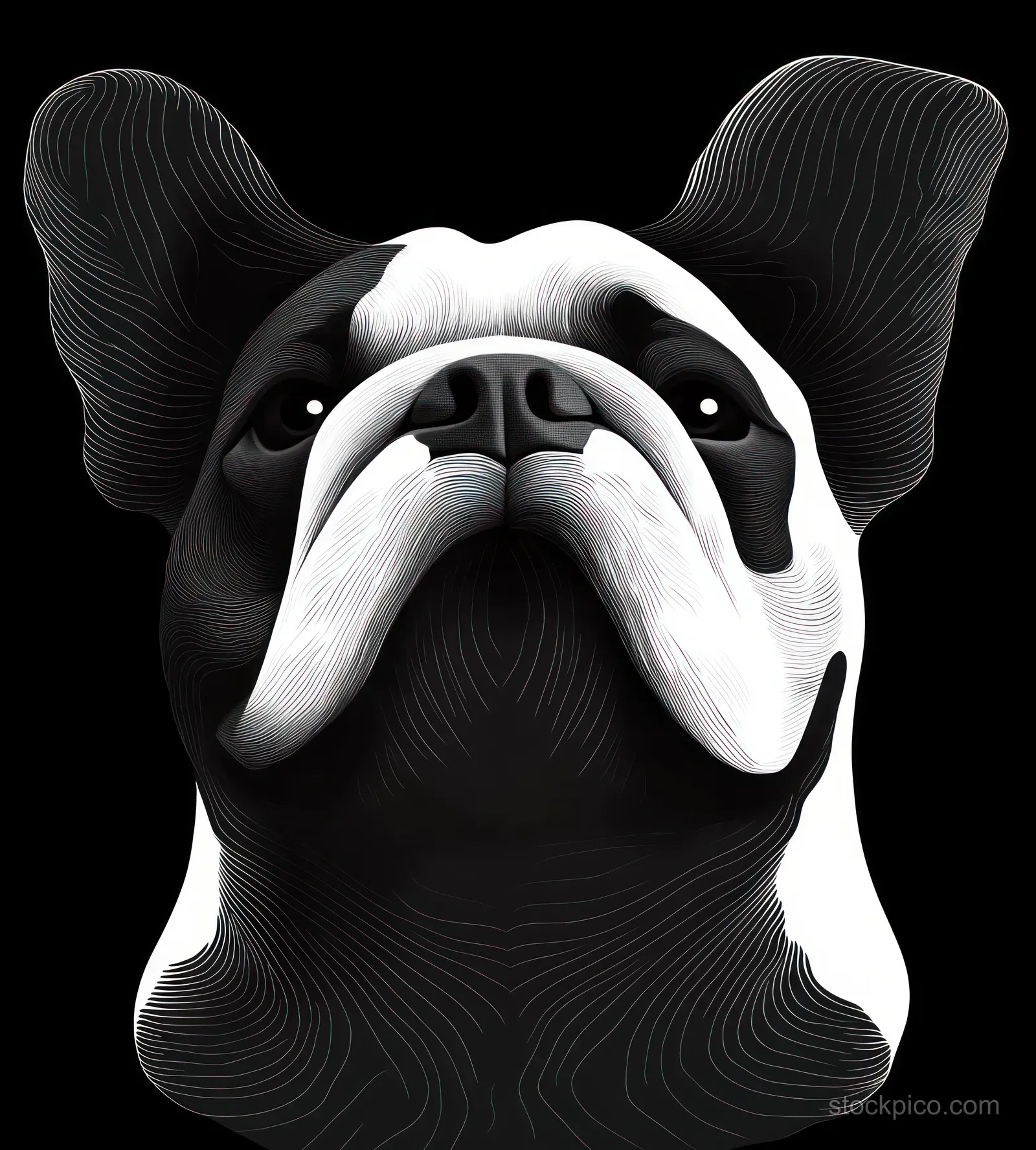 Black and white French bulldog face illustration with large ears and serious expression on a black background.