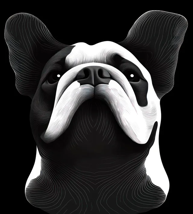 Black and white French bulldog digital portrait with large ears on dark background with Study Of Expression