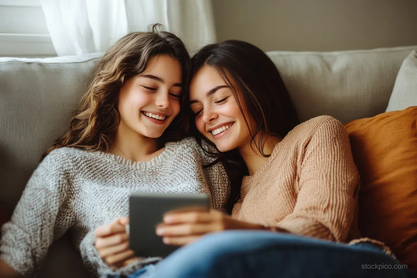Two women sit closely on a beige couch, smiling as they look at a shared digital tablet in a softly lit living room.