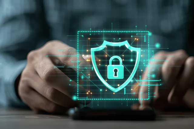 Businessman tapping a smartphone while a glowing digital shield secures network data