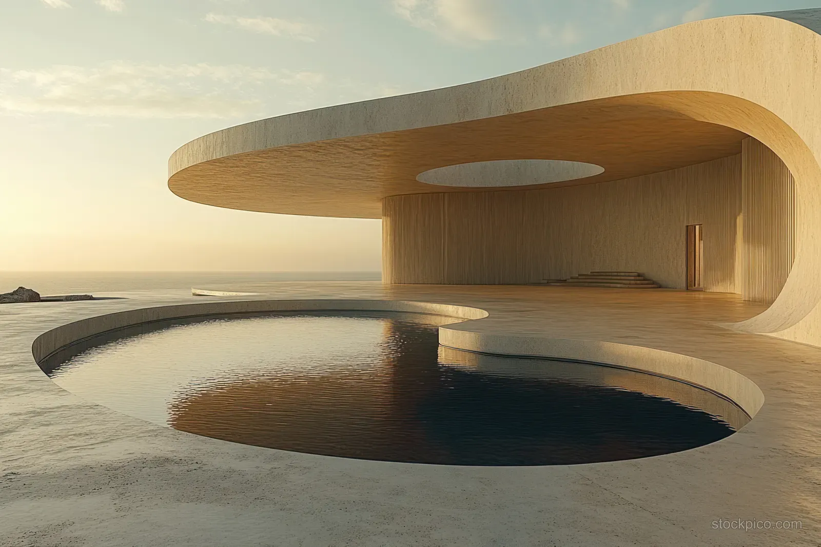 Low-angle view of a circular industrial base with bolts and concrete shadows reflecting on the ground at dusk.