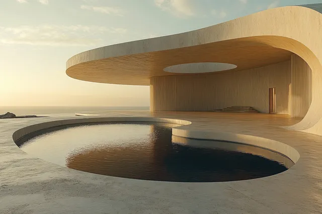 Low-angle view of a circular industrial base with bolts and concrete shadows reflecting on the ground at dusk.