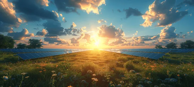 Solar panels lie across a green field as the sun breaks through clouds, casting a bright lens-flare glow.