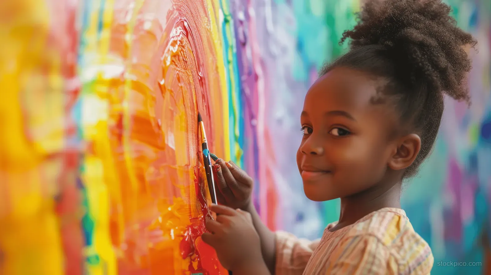 Young African American girl paints vibrant rainbow stripes on a colorful wall with a brush.