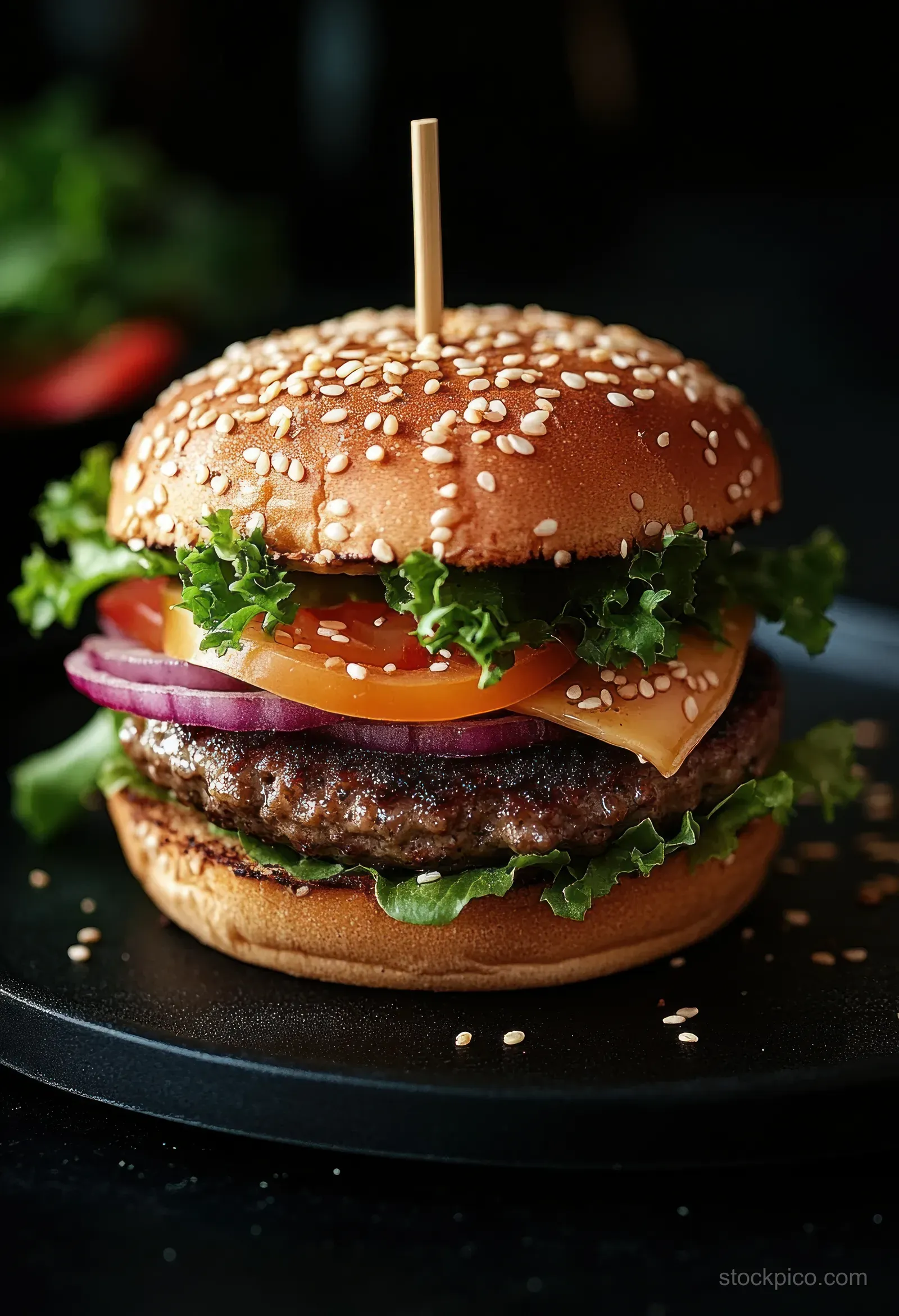 Close-up of a grilled veggie burger on a dark plate with sesame bun, tomato, onion, greens, and melted cheese.