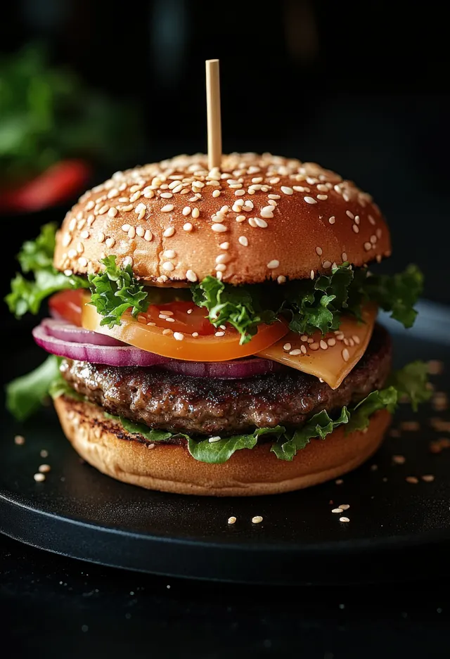 Close-up of a grilled veggie burger on a dark plate with sesame bun, tomato, onion, greens, and melted cheese.