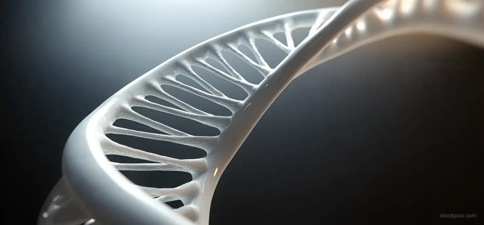 Illuminated white DNA double helix model with spiral ridges against a dark background.