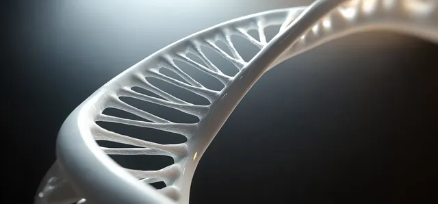 Close-up of illuminated DNA double helix model on dark background, showing spiral molecular structure detail