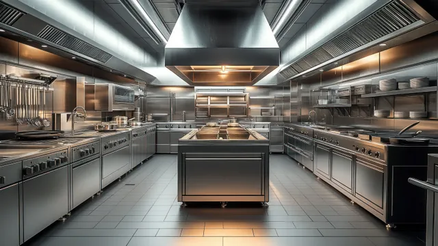 Spacious industrial kitchen with stainless cooking stations and overhead ventilation under warm lights
