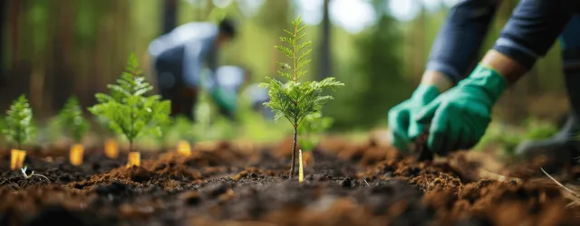 Volunteer planting young pine saplings in dark mountain forest soil