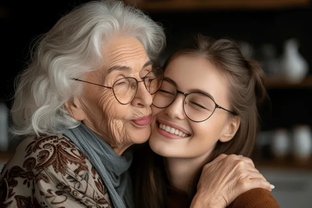 Joyful elderly mother cuddled by daughter in cozy kitchen, warm glasses smile
