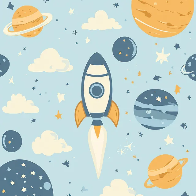 Cartoon rocket flying through outer space surrounded by colorful planets, clouds, and small stars.