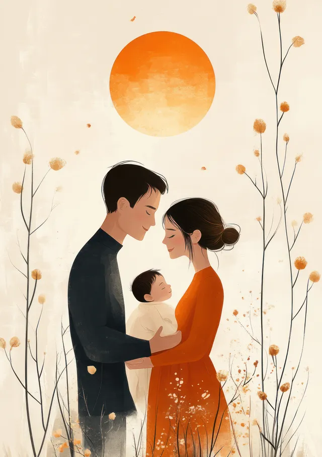 Silhouette couple holds a newborn baby in their arms beneath a glowing sun circle with floating flowers.