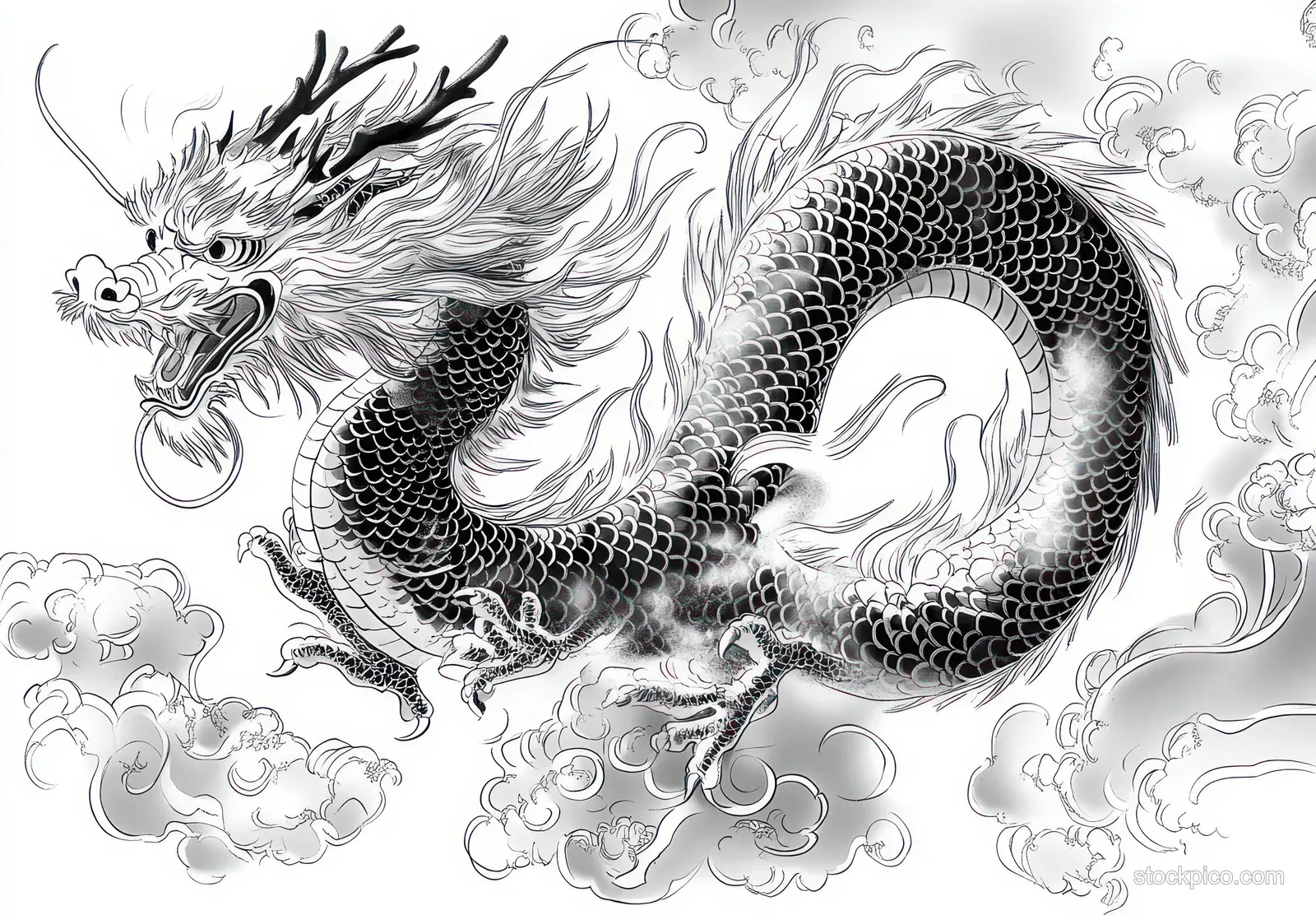 A fierce black-and-white dragon coils through swirling clouds with intricate scales, claws, and expressive eyes.