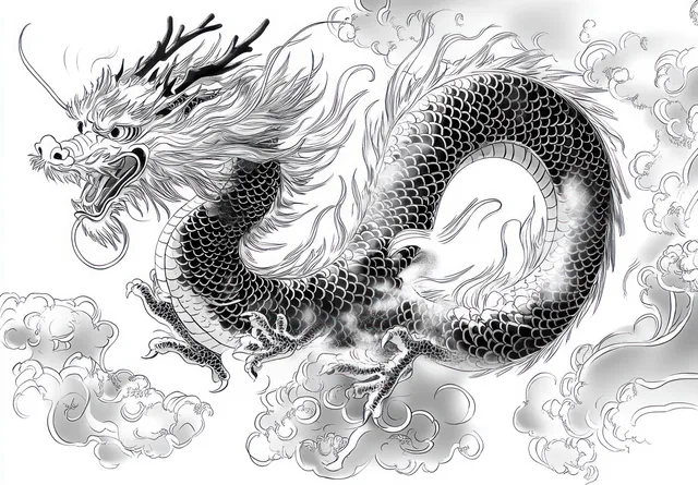 A fierce black-and-white dragon coils through swirling clouds with intricate scales, claws, and expressive eyes.