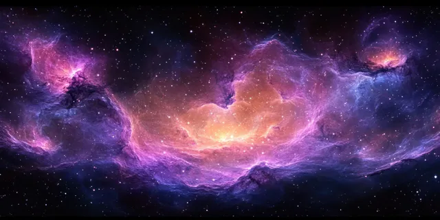 Panoramic purple nebula cloudscape with glowing stars stretching across deep space horizon